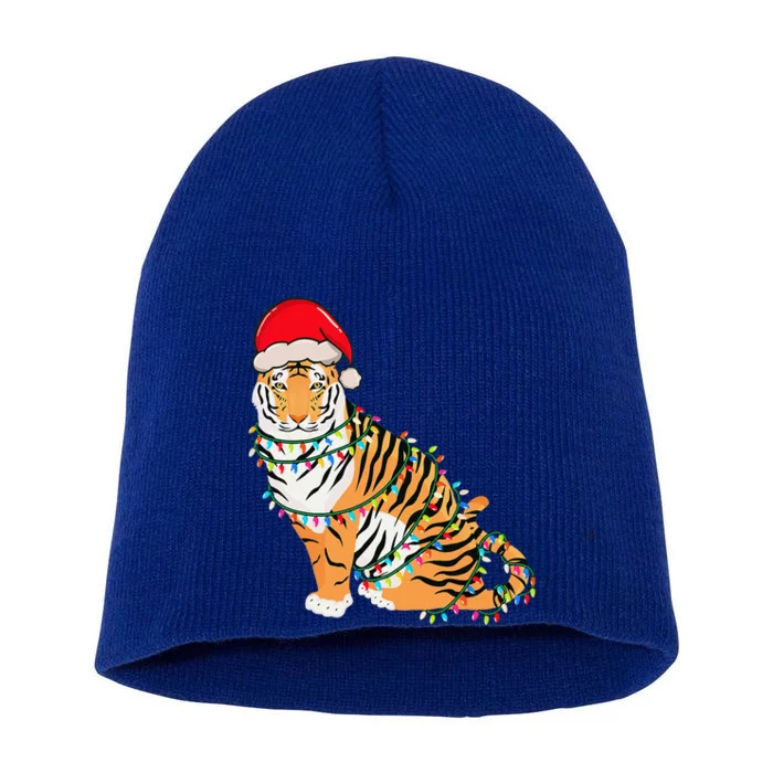 Christmas Lights Tiger Wearing Xmas Hat Tiger Lover Short Acrylic Beanie