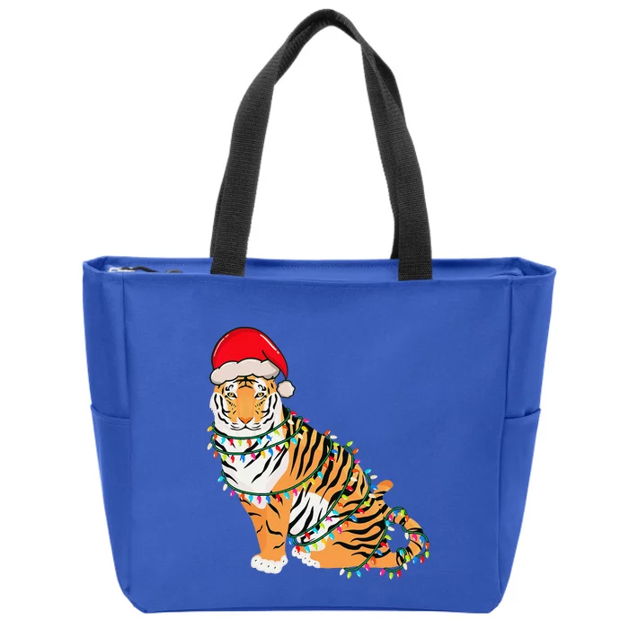 Christmas Lights Tiger Wearing Xmas Hat Tiger Lover Zip Tote Bag