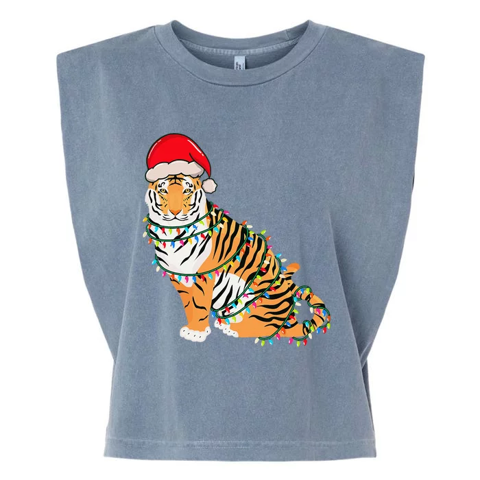 Christmas Lights Tiger Wearing Xmas Hat Tiger Lover Garment-Dyed Women's Muscle Tee