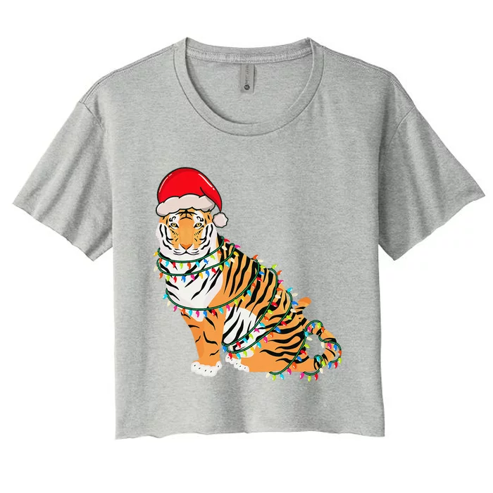 Christmas Lights Tiger Wearing Xmas Hat Tiger Lover Women's Crop Top Tee