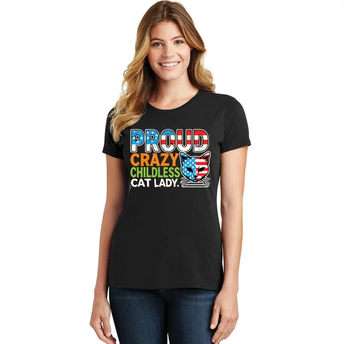 Cats Lover Usa Flag Proud Crazy Childless Women's T-Shirt