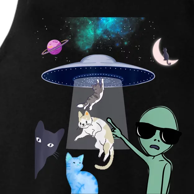 Cat Lovers UFO Space Abduction Of Cats By Aliens Design Ladies Tri-Blend Wicking Tank