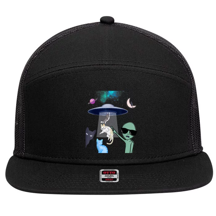 Cat Lovers UFO Space Abduction Of Cats By Aliens Design 7 Panel Mesh Trucker Snapback Hat