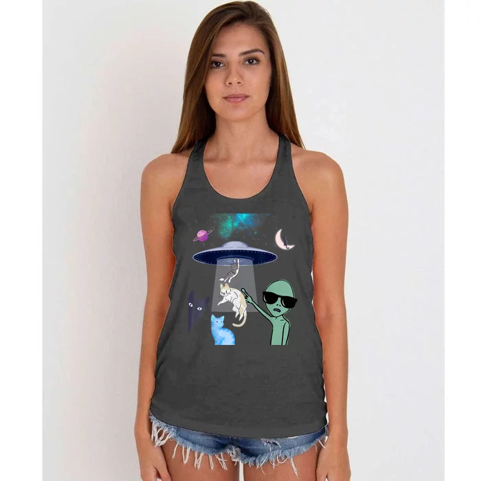 Cat Lovers UFO Space Abduction Of Cats By Aliens Design Women's Knotted Racerback Tank