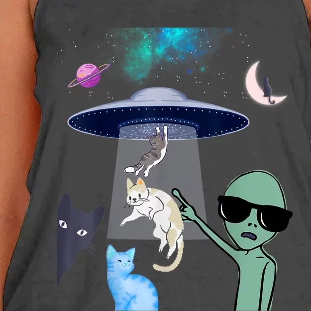 Cat Lovers UFO Space Abduction Of Cats By Aliens Design Women's Knotted Racerback Tank