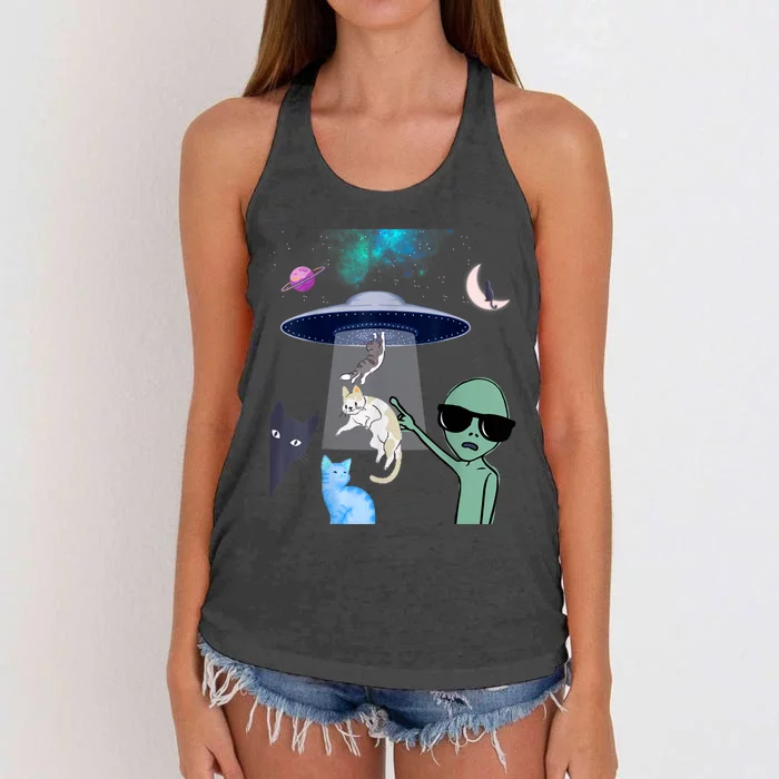 Cat Lovers UFO Space Abduction Of Cats By Aliens Design Women's Knotted Racerback Tank