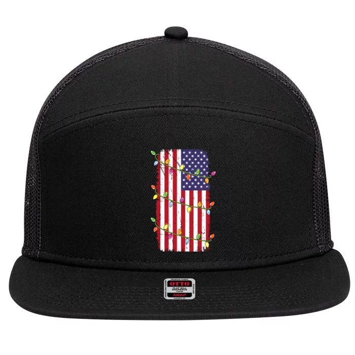 Christmas Lights Usa Flag Patriotic Veteran Christmas 7 Panel Mesh Trucker Snapback Hat