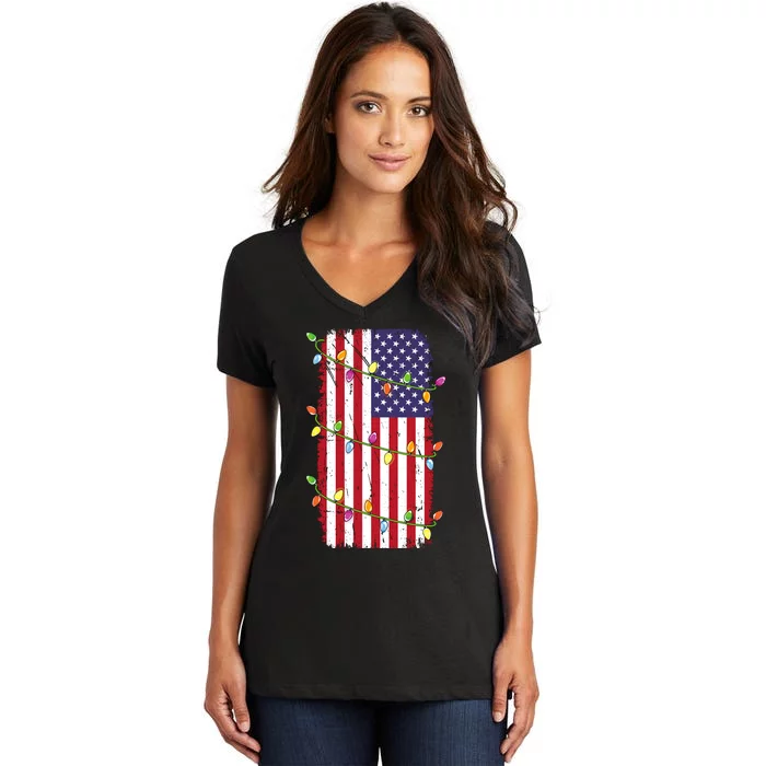 Christmas Lights Usa Flag Patriotic Veteran Christmas Women's V-Neck T-Shirt