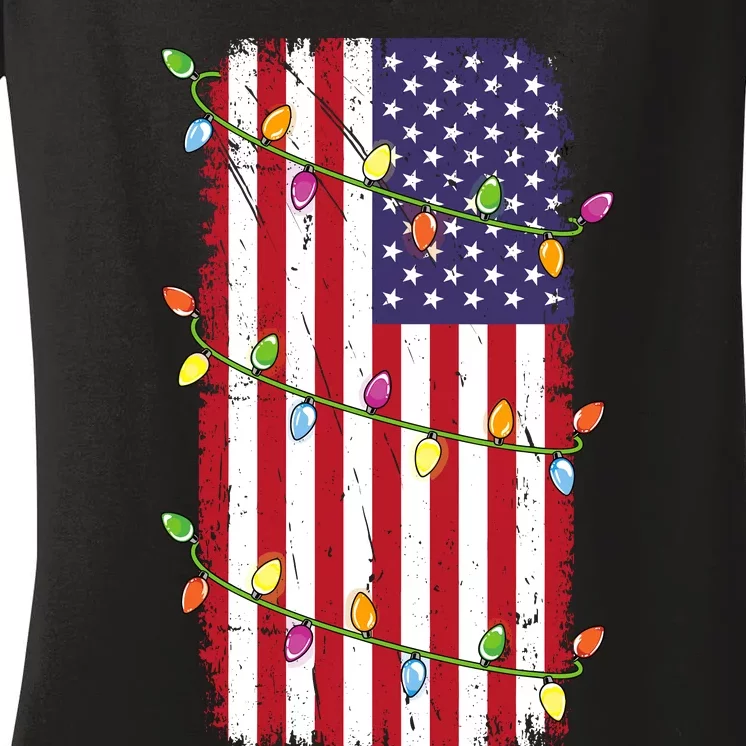 Christmas Lights Usa Flag Patriotic Veteran Christmas Women's V-Neck T-Shirt