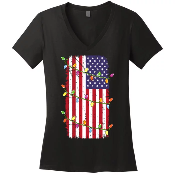 Christmas Lights Usa Flag Patriotic Veteran Christmas Women's V-Neck T-Shirt