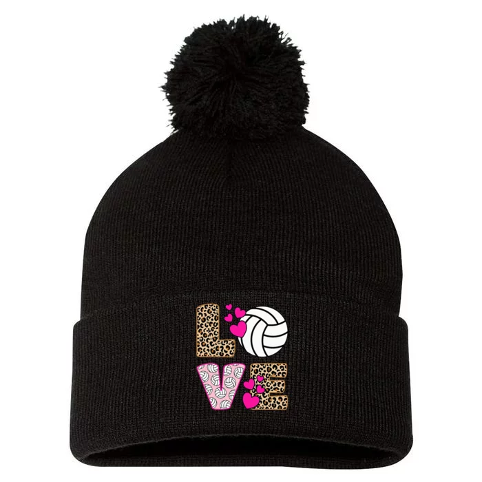 Cute Love Volleyball Leopard Print Women Ladies Volleyball Pom Pom 12in Knit Beanie