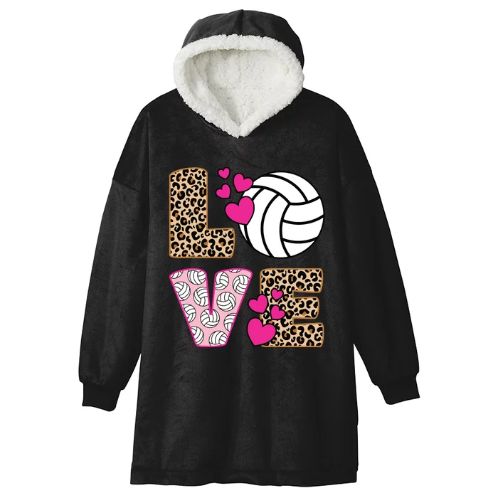 Cute Love Volleyball Leopard Print Ladies Volleyball Hooded Wearable Blanket