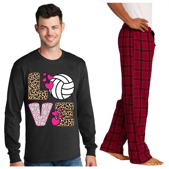 Cute Love Volleyball Leopard Print Ladies Volleyball Long Sleeve Pajama Set