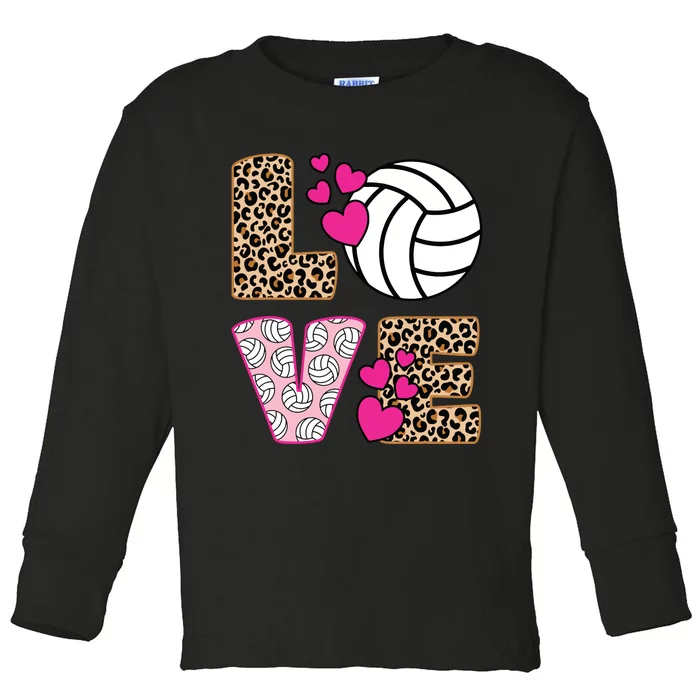 Cute Love Volleyball Leopard Print Ladies Volleyball Toddler Long Sleeve Shirt