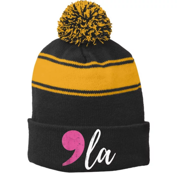 Comma +  La Vote Kamala Harris For President 2024 Election Gift Stripe Pom Pom Beanie