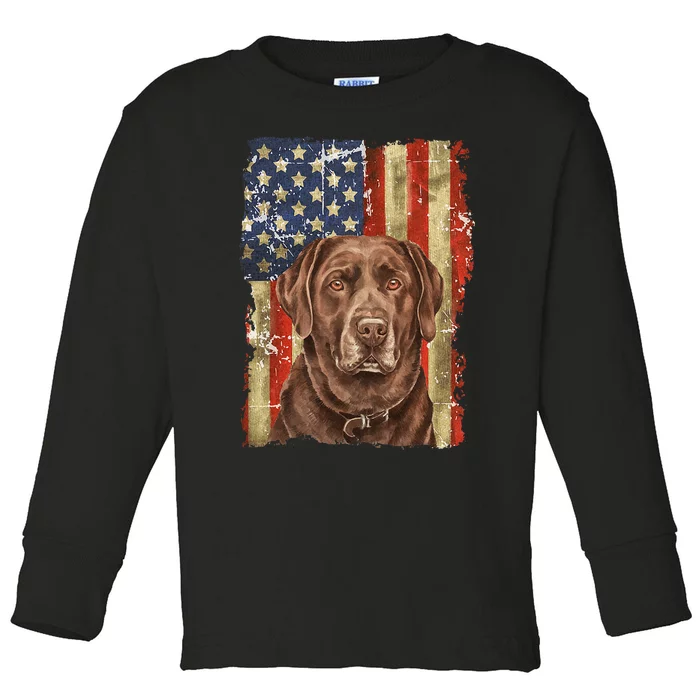 Chocolate Lab With USA Flag Gift Toddler Long Sleeve Shirt