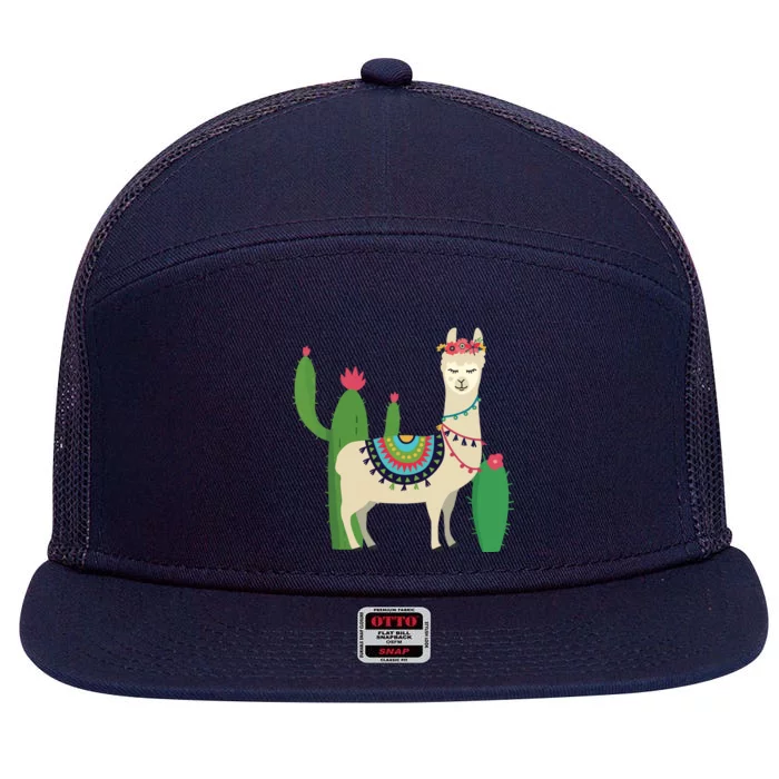 Cute Llama With Flower Cactus Llama Lover Gift 7 Panel Mesh Trucker Snapback Hat