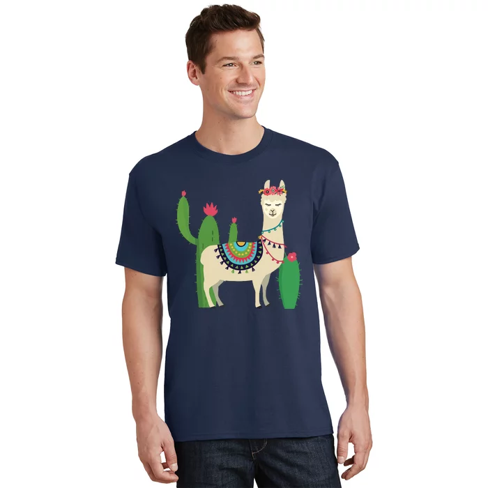 Cute Llama With Flower Cactus Llama Lover Gift T-Shirt