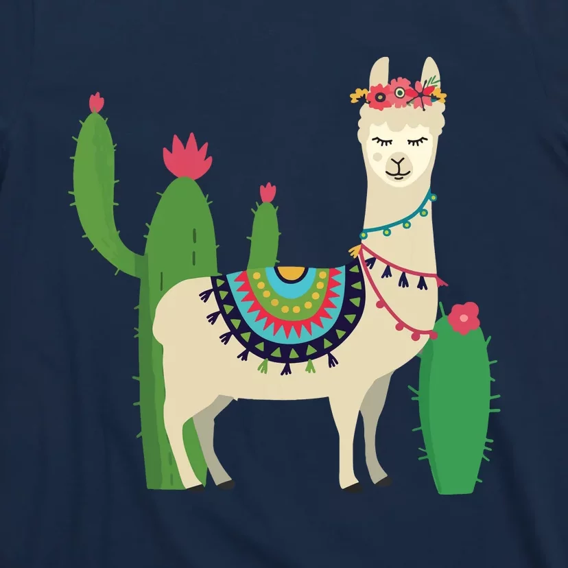 Cute Llama With Flower Cactus Llama Lover Gift T-Shirt