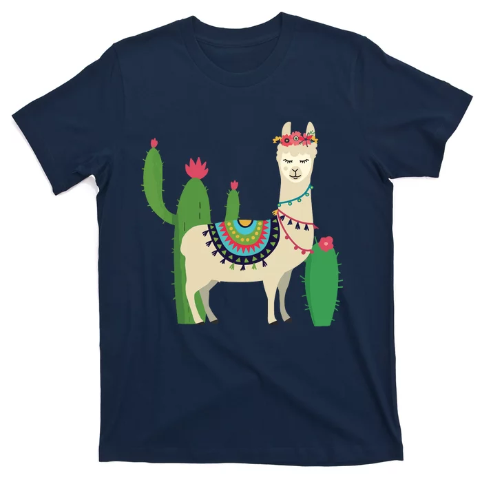 Cute Llama With Flower Cactus Llama Lover Gift T-Shirt