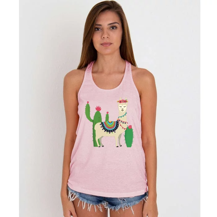 Cute Llama With Flower Cactus Llama Lover Gift Women's Knotted Racerback Tank