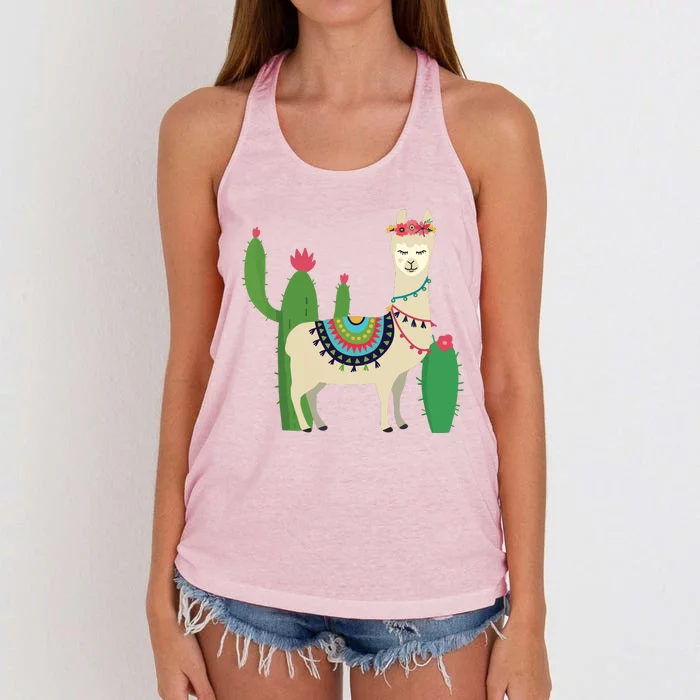 Cute Llama With Flower Cactus Llama Lover Gift Women's Knotted Racerback Tank