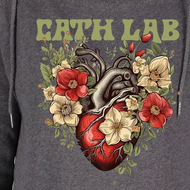 Cath Lab with Human Heart & Flowers Womens Funnel Neck Pullover Hood