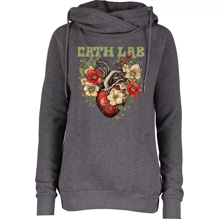 Cath Lab with Human Heart & Flowers Womens Funnel Neck Pullover Hood