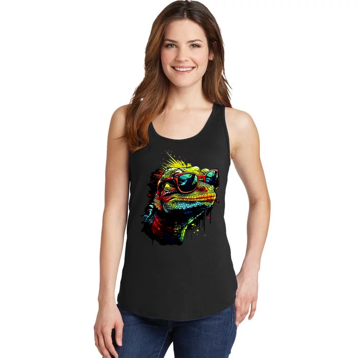 Colorful Lizard With Sunglasses Ladies Essential Tank