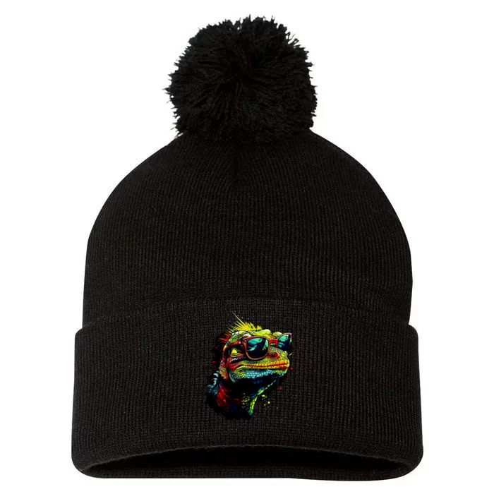 Colorful Lizard With Sunglasses Pom Pom 12in Knit Beanie