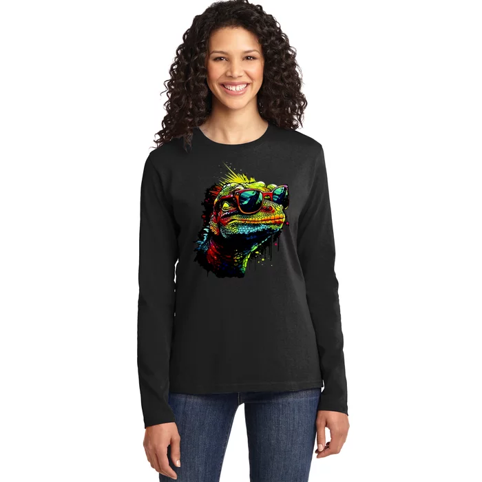 Colorful Lizard With Sunglasses Ladies Long Sleeve Shirt