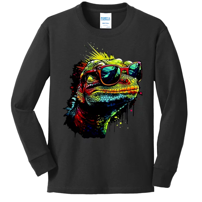 Colorful Lizard With Sunglasses Kids Long Sleeve Shirt