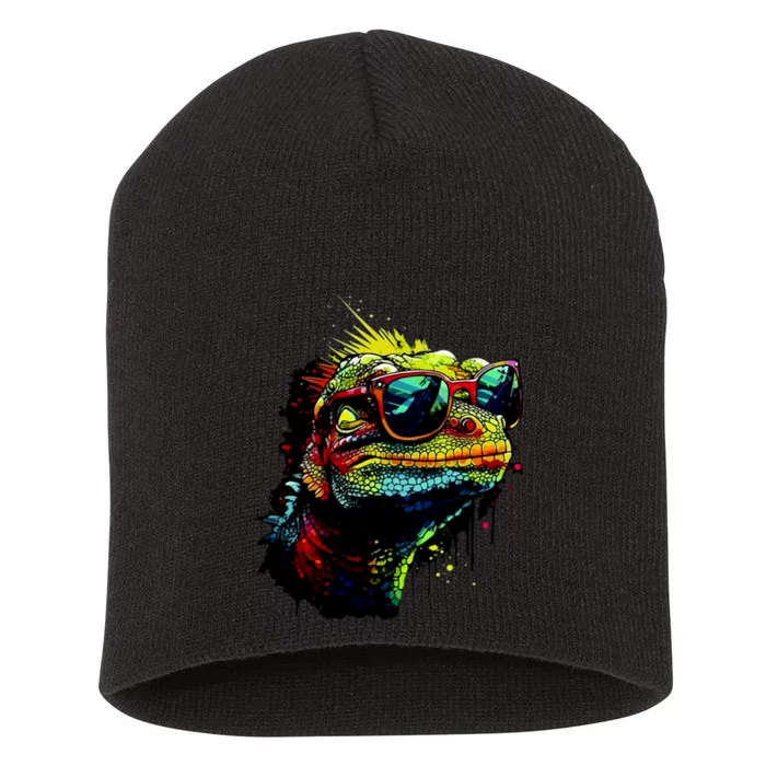 Colorful Lizard With Sunglasses Short Acrylic Beanie