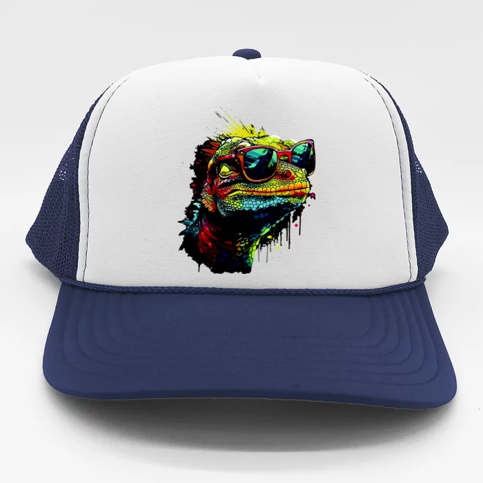 Colorful Lizard With Sunglasses Trucker Hat