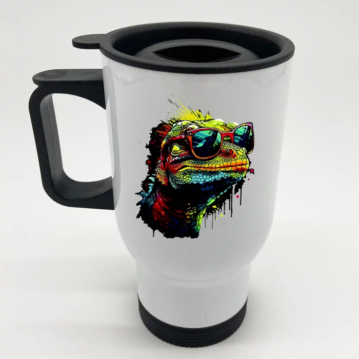 Colorful Lizard With Sunglasses Front & Back Stainless Steel Travel Mug