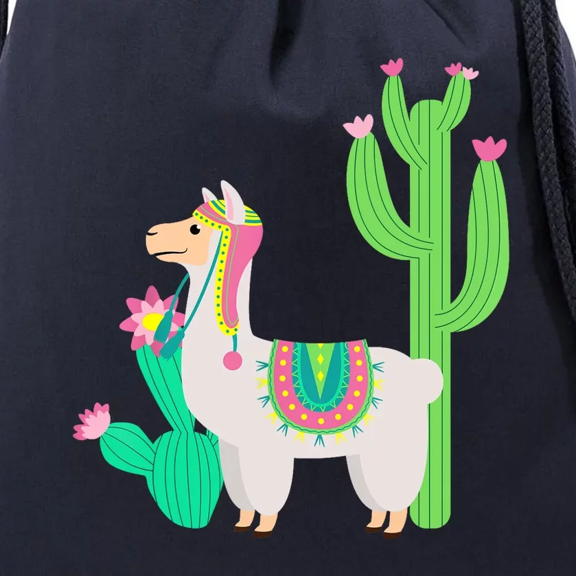 Cute Llama With Flower & Cactus Funny Camelid Lovers Outfit Drawstring Bag