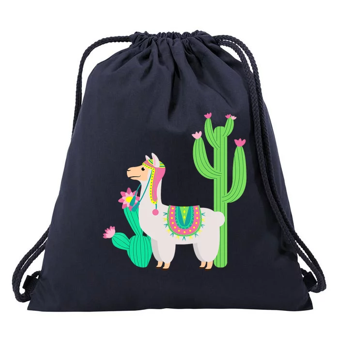 Cute Llama With Flower & Cactus Funny Camelid Lovers Outfit Drawstring Bag