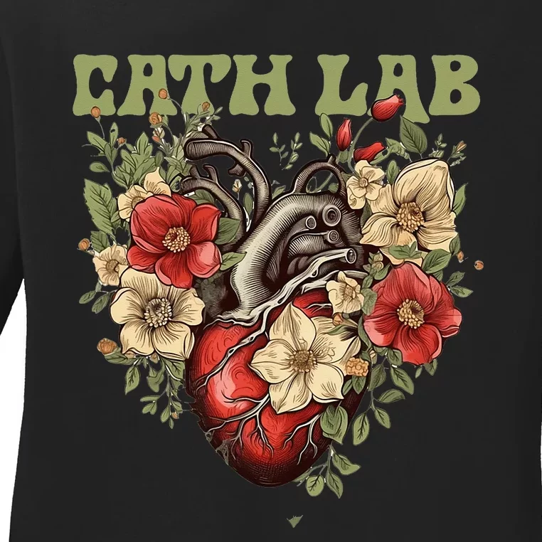 Cath Lab With Human Heart & Flowers Ladies Long Sleeve Shirt