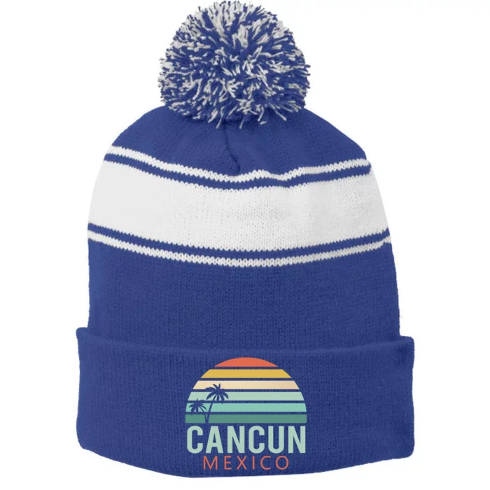 Cancun Mexico 2020 Retro Sun And Palm Group Gift Stripe Pom Pom Beanie