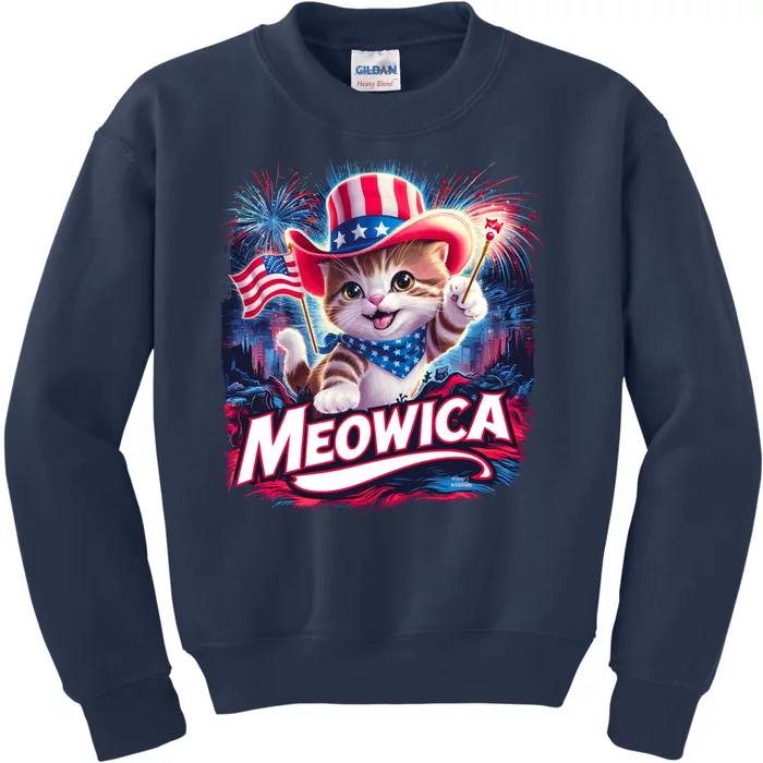 Cool Meowica 4th Of July Cat Kids Sweatshirt