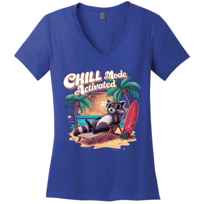 Chill Mode Activated Funny Raccoon Stay Trashy Vacay Vibe Cute Gift Women's V-Neck T-Shirt