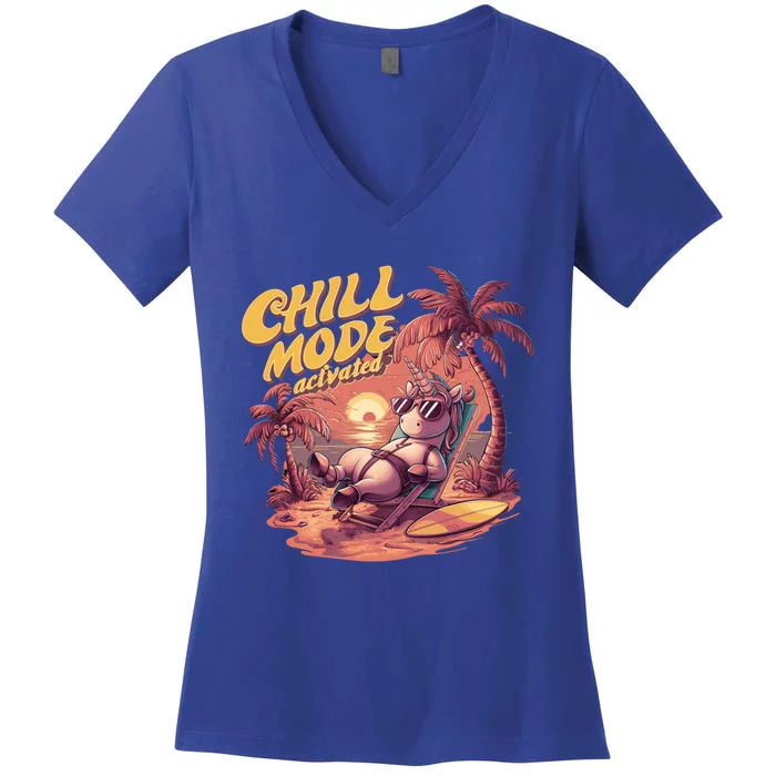 Chill Mode Activated Funny Unicorn Vacay Mode On Beach Vibe Gift Women's V-Neck T-Shirt