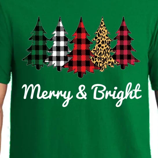 Cute Merry And Bright Leopard Plaid Christmas Tree Long Sleeve Pajama Set