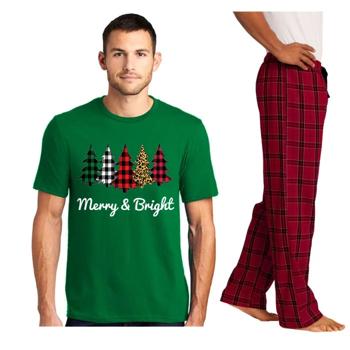 Cute Merry And Bright Leopard Plaid Christmas Tree Long Sleeve Pajama Set