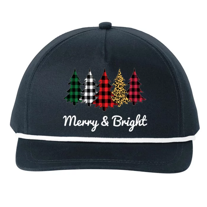 Cute Merry And Bright Leopard Plaid Christmas Tree Long Sleeve Snapback Five-Panel Rope Hat