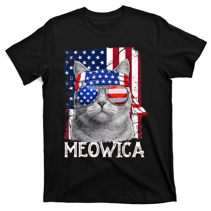 Cat Mom and Cat Dad USA Flag Funny Cat 4th of july Meowica T-Shirt