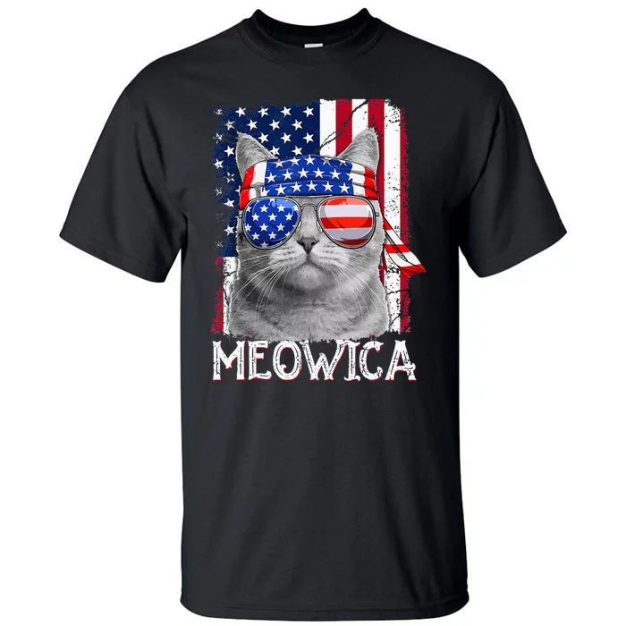 Cat Mom and Cat Dad USA Flag Funny Cat 4th of july Meowica Tall T-Shirt