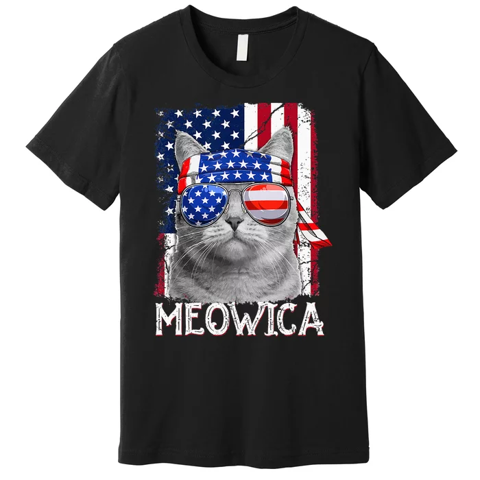 Cat Mom and Cat Dad USA Flag Funny Cat 4th of july Meowica Premium T-Shirt