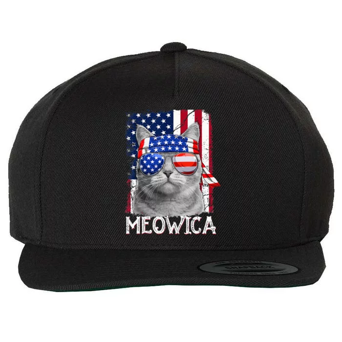 Cat Mom and Cat Dad USA Flag Funny Cat 4th of july Meowica Wool Snapback Cap