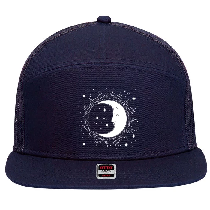 Crescent Moon And Stars 7 Panel Mesh Trucker Snapback Hat